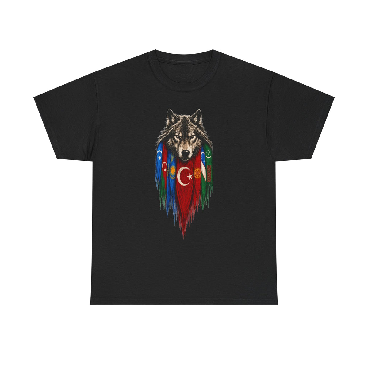 T-shirt noir Zerkay à plat, motif tête de loup et sept drapeaux turciques imprimé sur la poitrine