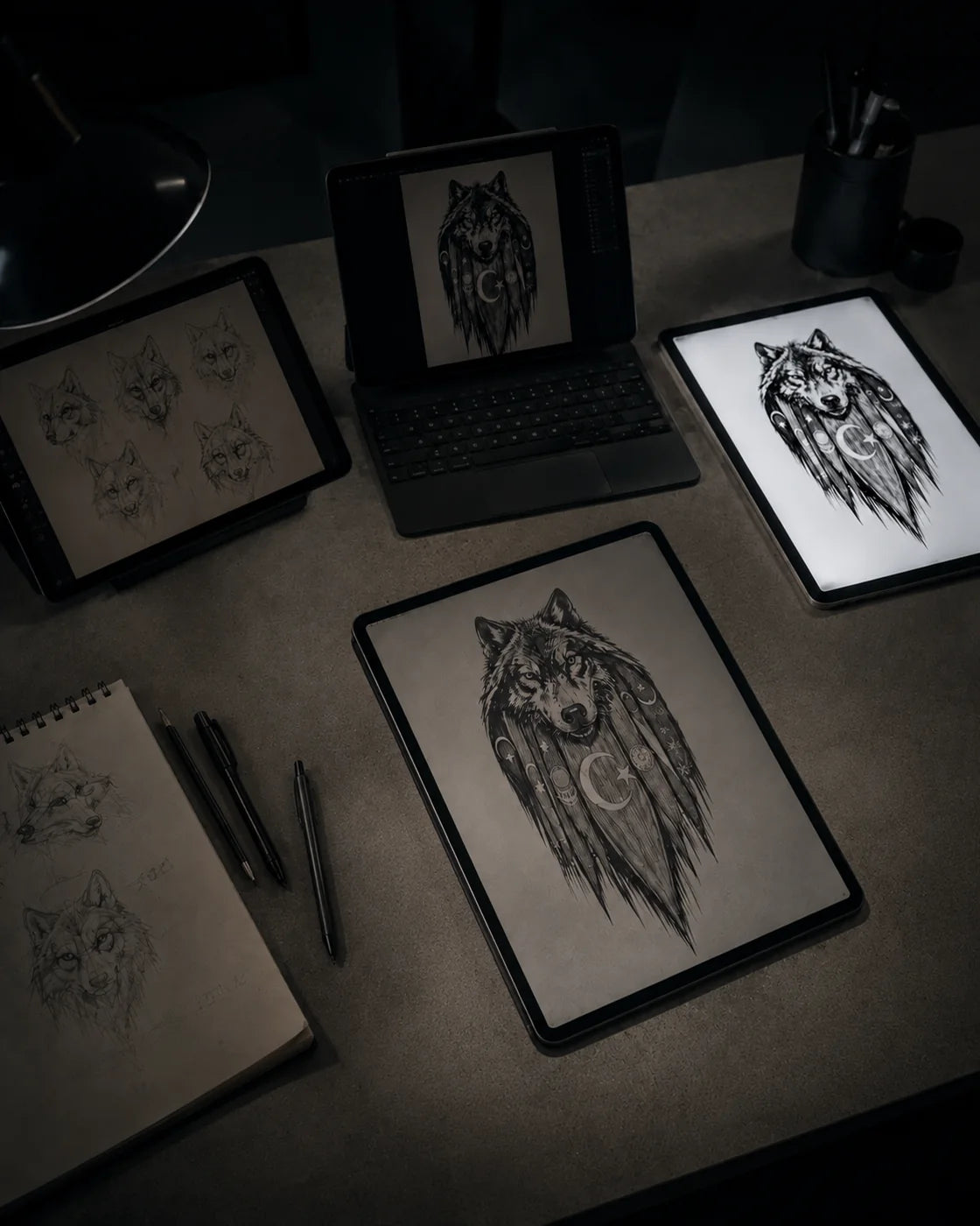Études au crayon et versions numériques successives de la tête de loup