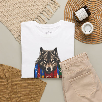 T-shirt blanc au motif de loup plié à côté d'un pantalon beige, d'un panier et d'une bougie