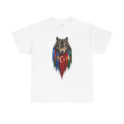 T-shirt blanc Zerkay à plat, motif tête de loup et sept drapeaux turciques imprimé sur la poitrine