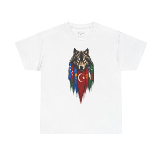 T-shirt blanc Zerkay à plat, motif tête de loup et sept drapeaux turciques imprimé sur la poitrine