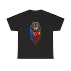 T-shirt noir Zerkay à plat, motif tête de loup et sept drapeaux turciques imprimé sur la poitrine