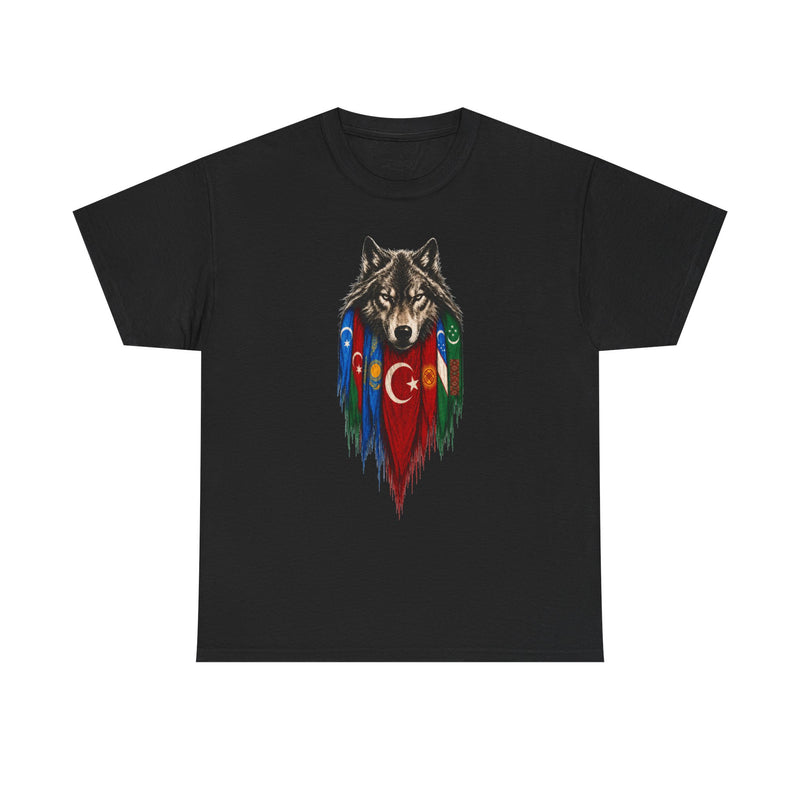 T-shirt noir Zerkay à plat, motif tête de loup et sept drapeaux turciques imprimé sur la poitrine